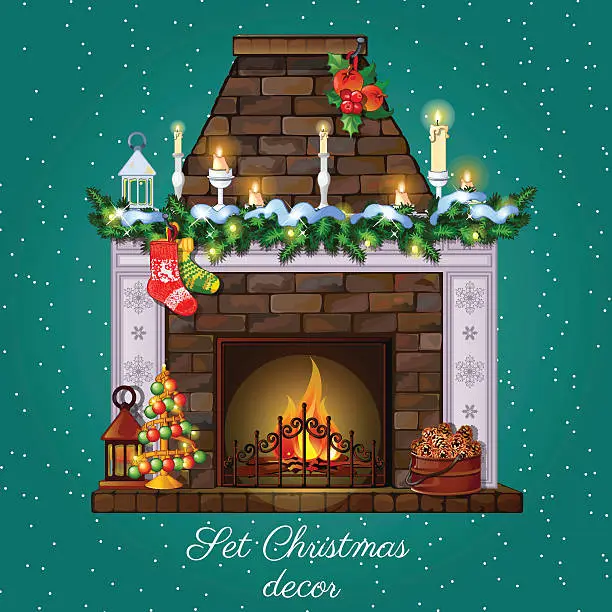 Vector illustration of Postcard with Christmas fireplace