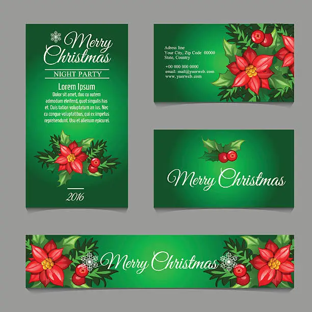 Vector illustration of Four green postcard with holly berry