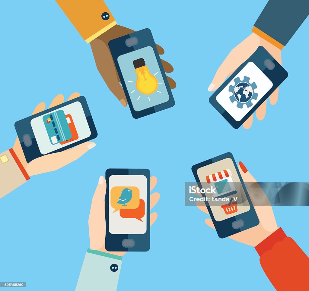 Concept for mobile apps. Mobile Phone, Apps, Text Messaging, Application Software, Banking, Shopping, Calling Business stock vector