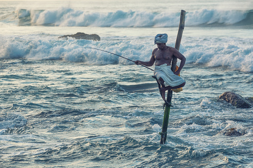 Sri lankan, fishermen standing on a stilt and trying to catch fish at the beach of Weligama.