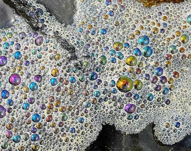 Oily scum floating on the surface of the sea forms multi-coloured, iridescent bubbles which, though beautiful, are deadly to vegetation and wildlife. Also suitable for a background.