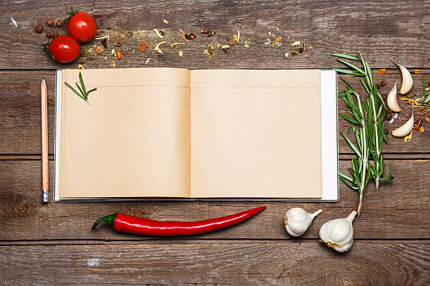 istock Open blank recipe book on brown wooden background 505406628