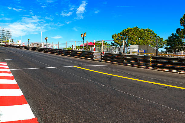 Monaco, Monte Carlo. Sainte Devote and Beau Rivage straight motor race asphalt on Grand Prix street circuit.