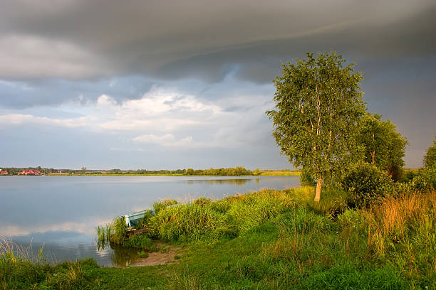 istock Dawn landscape with trees, lake and dark clouds 505408758