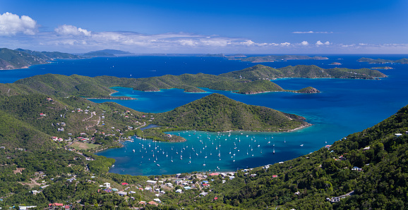 aerial view of Coral Bay, St.John, US Virgin Islands, looking out over Coral Bay, Hurricane Hole and the British Virgin Islands