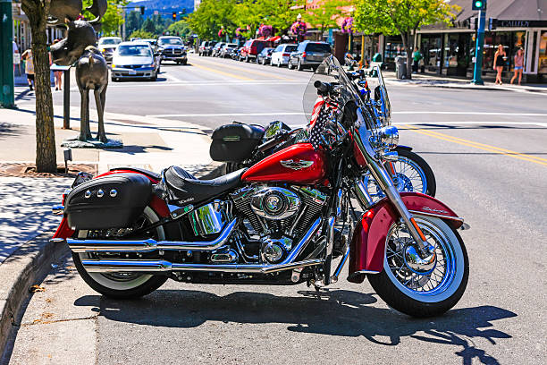 Franktown, Colorado, USA - May, 9th 2009: Harley Davidson motorcycles lined up outside the Stage Coach Bar on a sunny afternoon.
