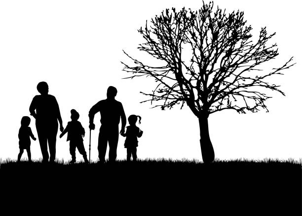 familie silhouetten in der natur. - grandparent grandfather granddaughter silhouette stock-grafiken, -clipart, -cartoons und -symbole