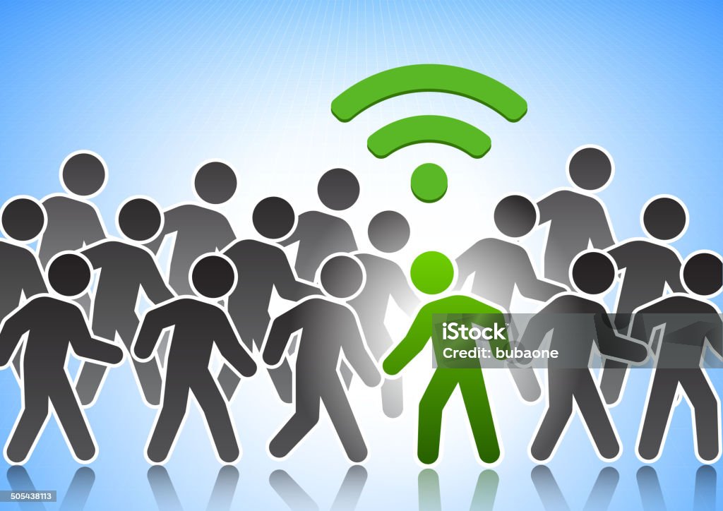 Stick Figure Connected to Wi-Fi in a Crowd Busy stock vector