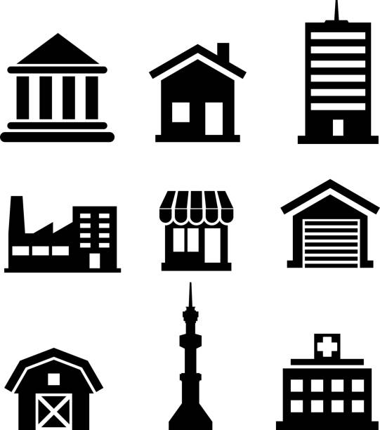 Buildings and architectural icons Silhouetted buildings and architectural icons depicting church, temple, hospital, tower, shop, market, office, factory, house and farm bank financial building silhouettes stock illustrations