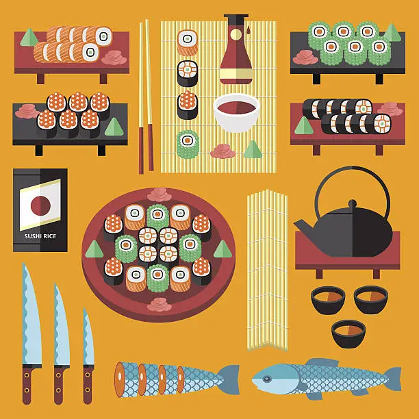 Vector illustration of Vector sushi and Japanese food icons set.