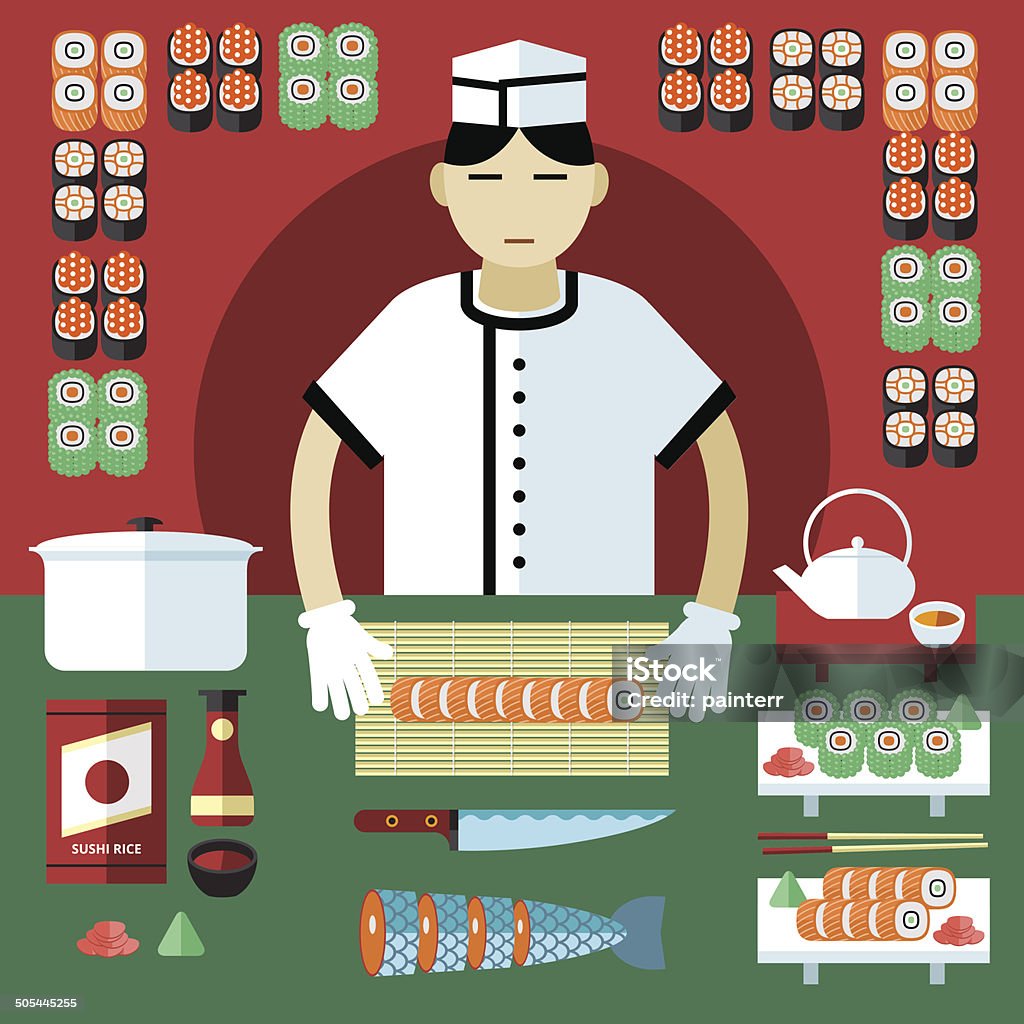 Vektor-illustration von sushi-Meister und japanische Küche präsentieren. - Lizenzfrei Bunt - Farbton Vektorgrafik