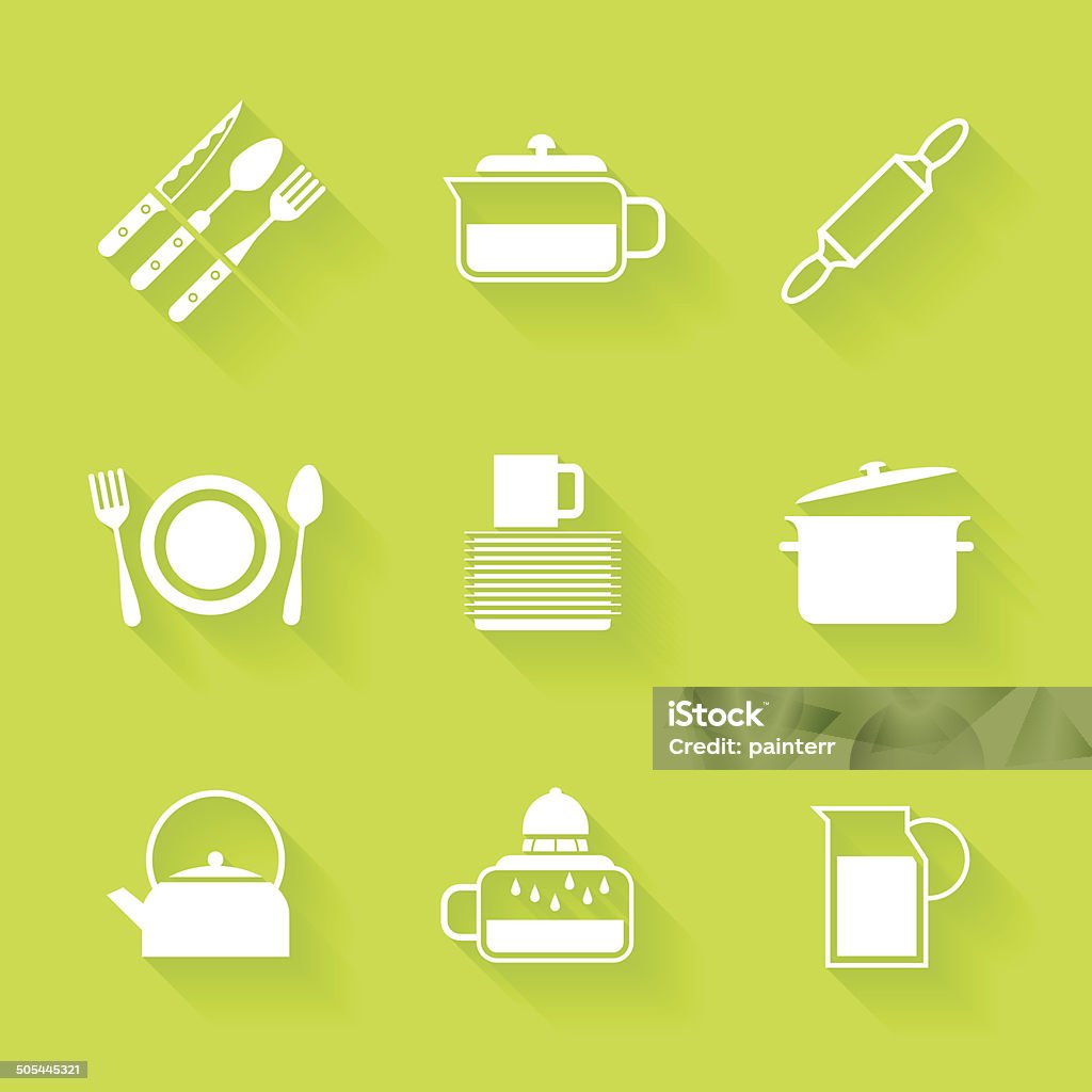 Set of white cutlery and dishes icons. Set of white cutlery and dishes icons. Vector kitchen stuff in flat style with shadows. Backgrounds stock vector
