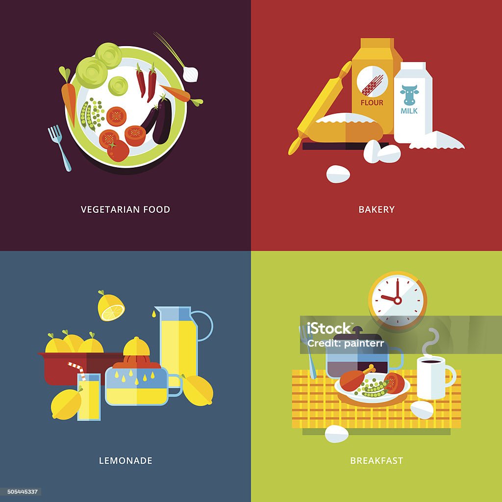 Zestaw ikon koncepcja płaska konstrukcja dla żywności i napojów. - Grafika wektorowa royalty-free (Bakłażan)
