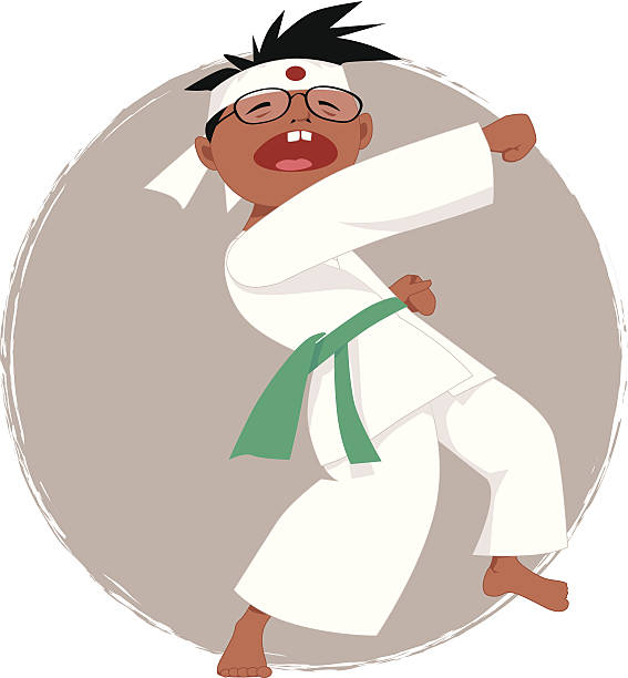Karate strike Cartoon boy in glasses doing karate, vector illustration, no transparencies green belt stock illustrations