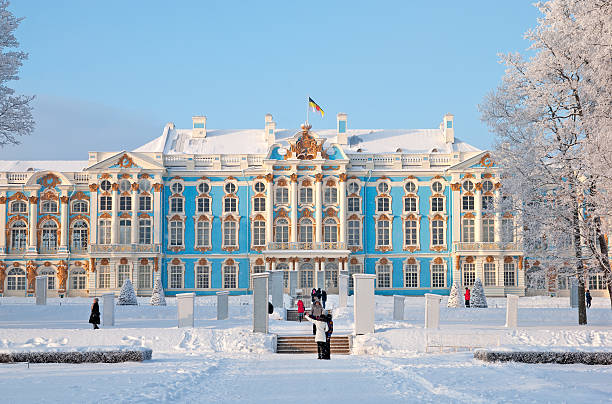 Tsarskoye Selo (Pushkin). Russia. People in The Catherine Park Tsarskoye Selo, Saint - Petersburg, Russia - January 17, 2016: People take pictures next to The Catherine Palace in The Catherine Park. Tsarskoye Selo is The State Museum - Preserve. Located near  Saint-Petersburg st petersburg catherine palace palace russia stock pictures, royalty-free photos & images