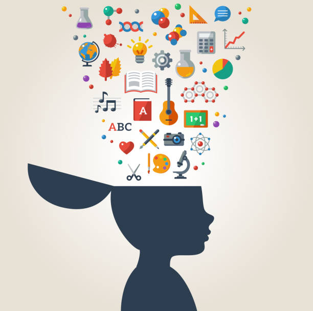 Creative concept of education. Vector illustration. Boy silhouette with school icons and symbols in his head. Back to school. Learning process. music class stock illustrations