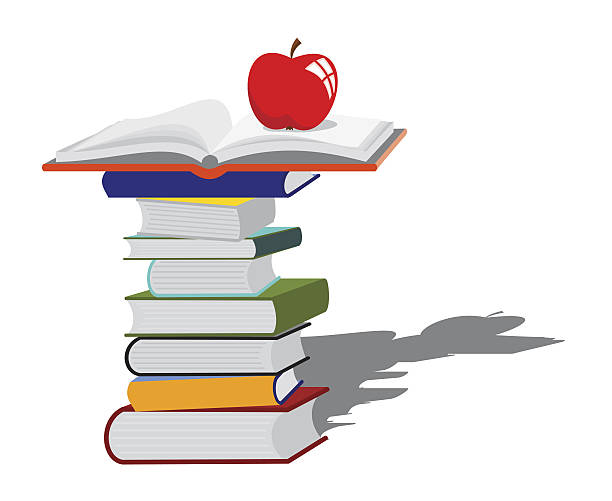 illustrazioni stock, clip art, cartoni animati e icone di tendenza di pila di libri e mela rossa - apple stack white backgrounds