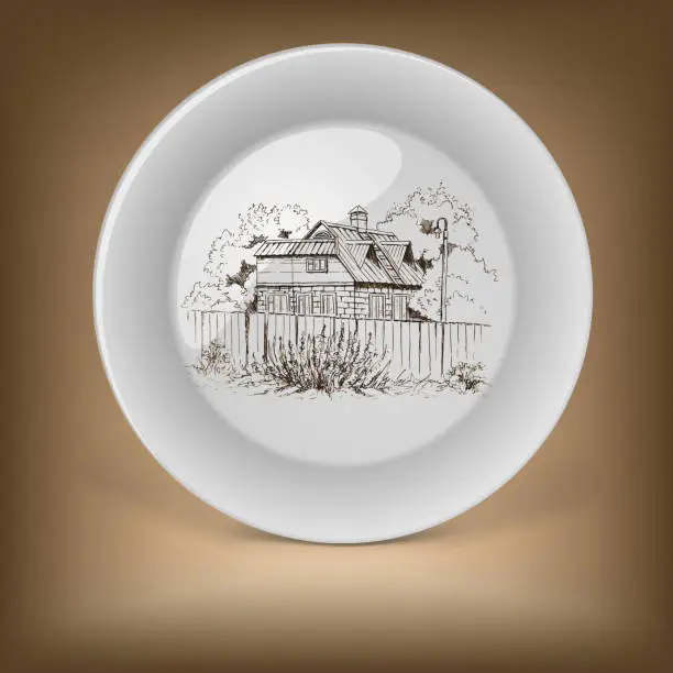 Vector illustration of Decorative plate with image of farmhouse.