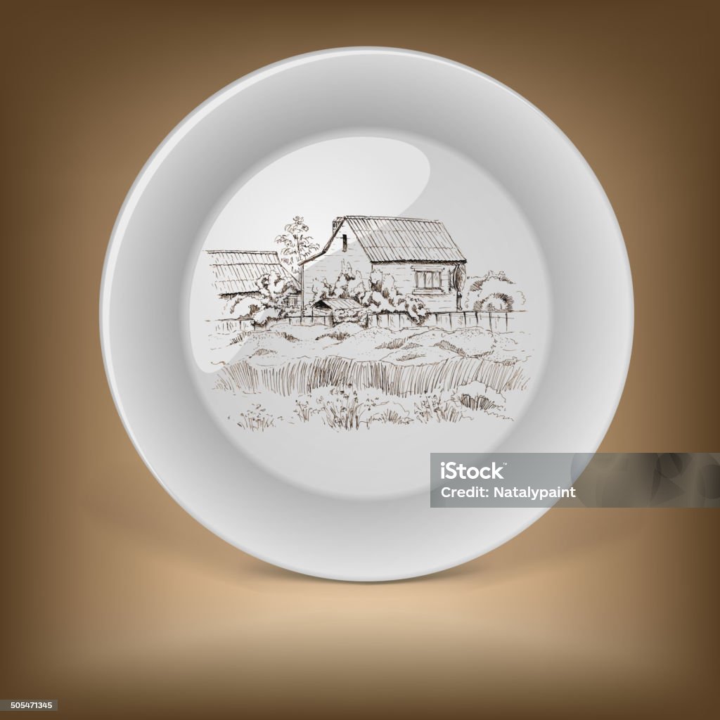 Decorative plate with image of farmhouse. Decorative plate with image of farmhouse. Hand drawing illustration Ancient stock vector