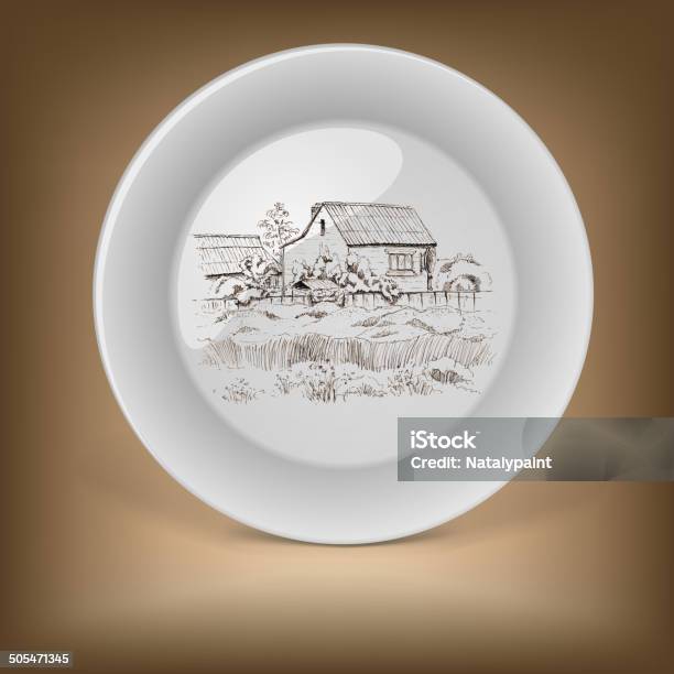 Decorative Plate With Image Of Farmhouse Stock Illustration - Download Image Now - Ancient, Architecture, Built Structure