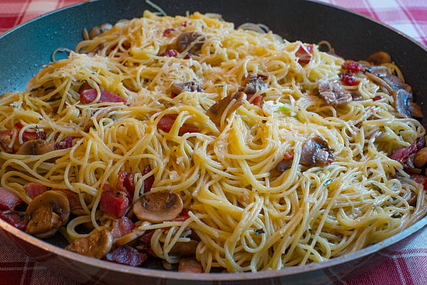 A tasty Italian dish of angel hair pasta (capalinni) pancetta, and mushrooms.