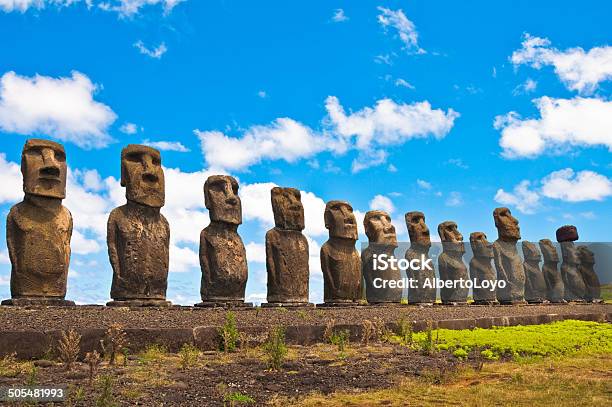 Moais In Ahu Tongariki Easter Island Stock Photo - Download Image Now - Ahu Tongariki, Horizontal, International Landmark