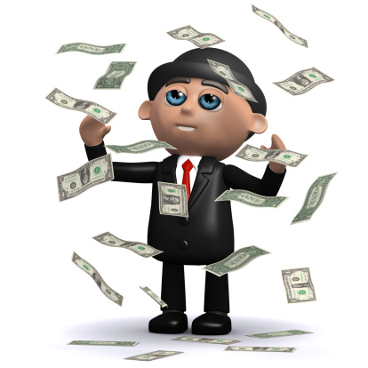 3d render of a businessman surrounded by falling US Dollar bills