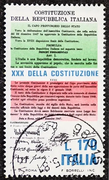 ITALY  CIRCA 1978: a stamp printed in Italy celebrates Constitution of Italy showing initial and final articles of it. Italy, circa 1978