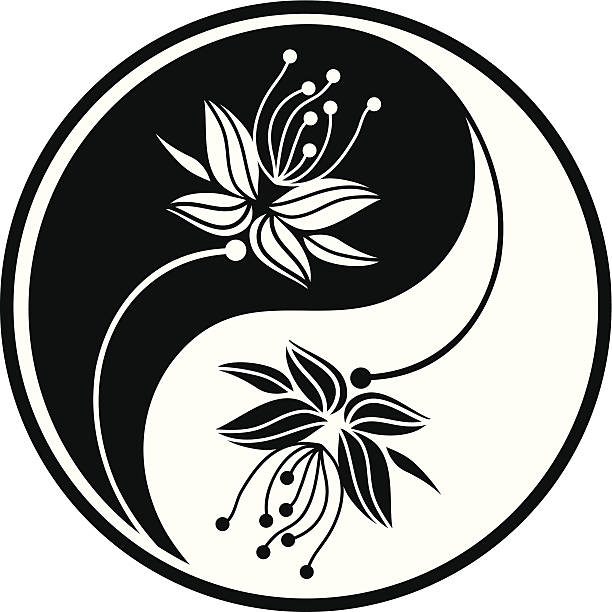 инь-ян с v-образным вырезом - yin yang symbol taoism herbal medicine symbol stock illustrations