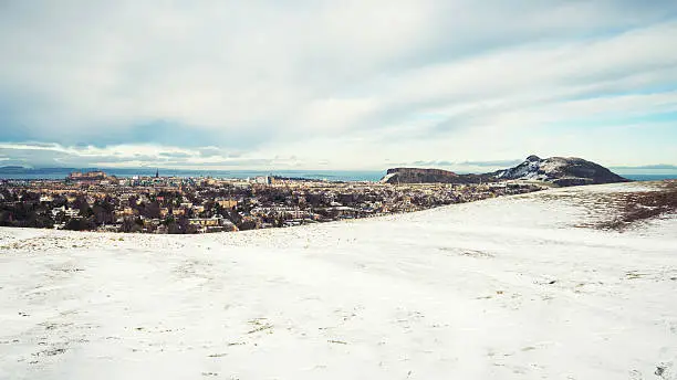 Photo of Snow covered Edinburgh panorama, including castle and Arthurs seat