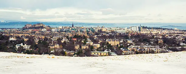 Photo of Snow covered Edinburgh panorama, including castle and Arthurs seat