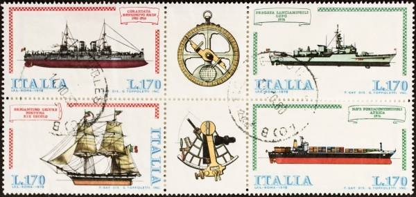 ITALY  CIRCA 1978: a block of four stamps printed in Italy shows illustrations of  four ships and old sextant and compass old sextant. Italy, circa 1978