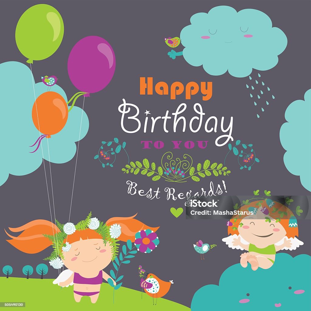 Happy Birthday Card With Cute Angels Stock Illustration - Download ...