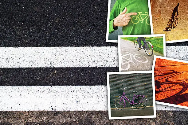 Bicycle pictures collage, stack of bike photos on asphalt road as copy space for cyclist lifestyle themed image.