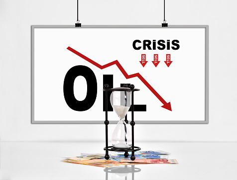 Poster with statistics collapse in oil prices and hourglass with euro banknotes