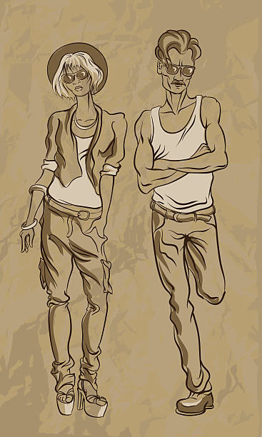 Modern man and woman in casual clothes Color the picture of the young men and women. The pair is leaning against the wall. They wore simple modern clothes. The guys have a cynical view. Illustration made in the shades of brown tones. Background made in the form of crumpled wrapping paper. background of the cool guy wearing sunglasses stock illustrations