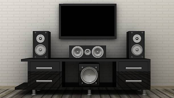 istock Empty LED TV on television shelf with home theater 505494710