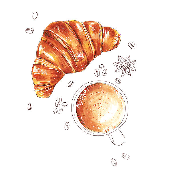 Breakfast with coffee and croissant, hand drawn illustration Breakfast with coffee and croissant, hand drawn illustration croissant illustrations stock illustrations