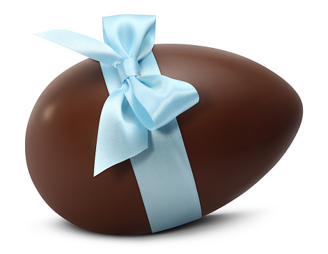 Chocolate Easter Egg with blue ribbon Bow isolated on white background