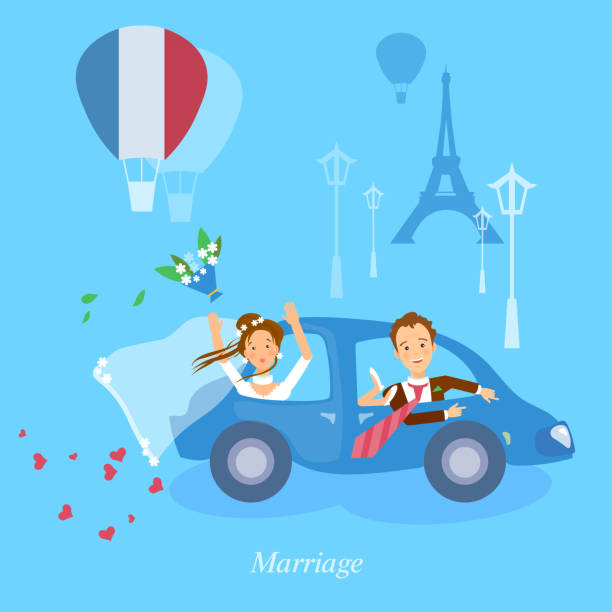 ilustrações, clipart, desenhos animados e ícones de casal em lua de mel para a noiva e o noivo viagem em paris - honeymoon wedding married engagement