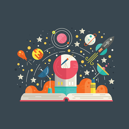 Space exploration concept - open book with solar system elements, including rocket, meteor, planets, stars. Imagination concept made in flat style vector.