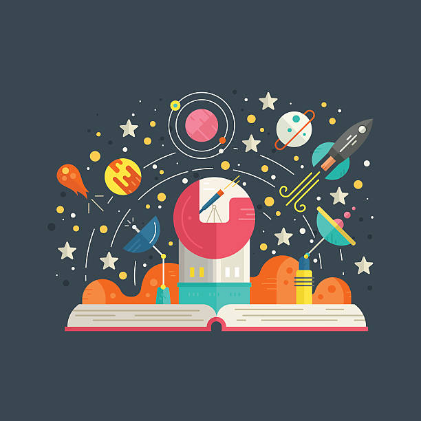 Space Exploration Space exploration concept - open book with solar system elements, including rocket, meteor, planets, stars. Imagination concept made in flat style vector. curiosity illustrations stock illustrations