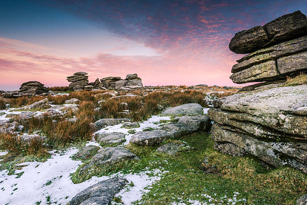 Cold and frosty morning in Dartmoor National Park, Devon, UK. Cold and frosty morning hiking on hils at Dartmoor National Park, Devon, UK. dartmoor photos stock pictures, royalty-free photos & images