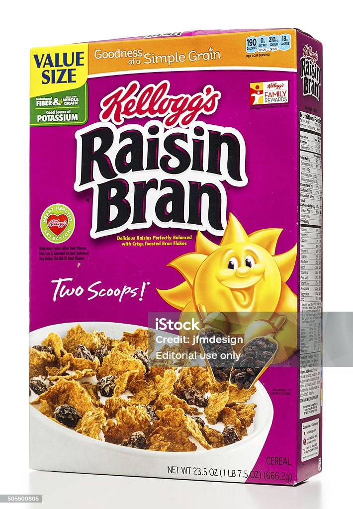 Kellogg's raisin bran cereal box Miami, USA - July 10, 2014: Kellogg's raisin bran cereal box Box - Container Stock Photo