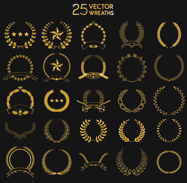 ilustraciones, imágenes clip art, dibujos animados e iconos de stock de 25 coronas vectror. - laurel wreath bay tree wreath gold