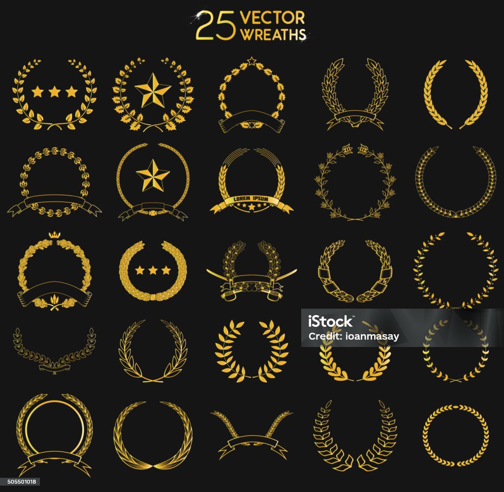 25 vectror  Wreaths. Set of gold award laurel wreaths and branches on dark background. Design element in vector. Laurel wreath. Vector illustration. Laurel - Maryland stock vector