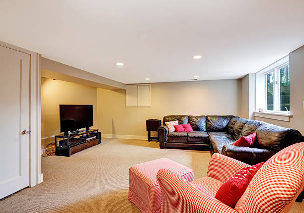 istock Living room with comfortable leather couch and tv 505501229