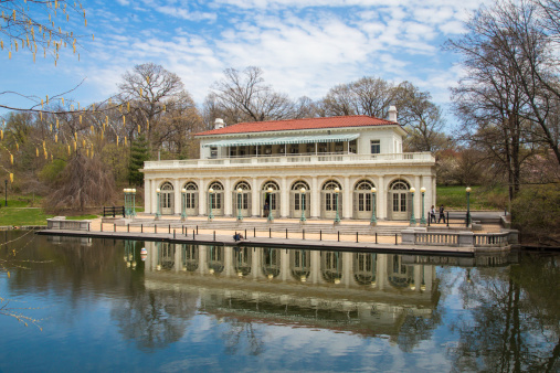 New York, USA - April 25, 2014: Historic Boathouse on lake at Prospect Park in Brooklyn, NYC.  This landmark boathouse was built in 1905.