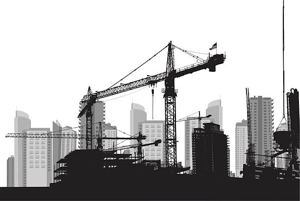 ilustrações, clipart, desenhos animados e ícones de edifício da cidade - crane tower crane construction silhouette