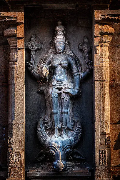 Hindu goddess Durga (Mahisaurmardini) image.  Brihadishwara Temple, Tanjore (Thanjavur), Tamil Nadu, India - the Greatest of Great Living Chola Temples - UNESCO World Heritage Site